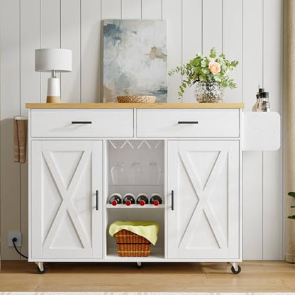 HOOBRO Kitchen Island with Power Outlet, Rolling Kitchen Island on Wheels, Island Table with Storage Cabinet, 2 Drawers, Spice Rack and Towel Rack, White and Natural WN14UZD01