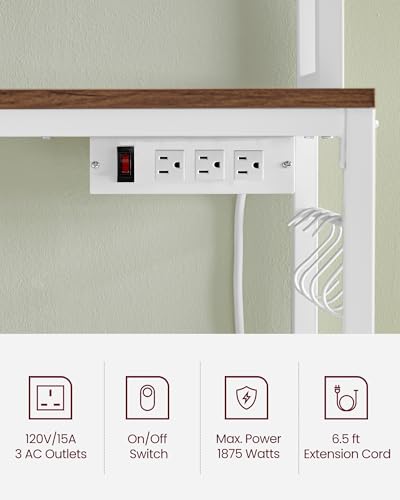 VASAGLE Bakers Rack with Power Outlet, Microwave Stand, Kitchen Tall Utility Storage Shelf, with Metal Wire Panel, 14 Hooks, 15.7 x 23.6 x 66.9 Inches, Rustic Walnut and Cloud White UKKS037W41 - color: Rustic Walnut + Cloud White, size: 23.6"W