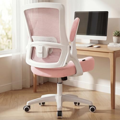NEO Chair Office Desk Gaming Chair Computer High Back Mesh Seat with Rolling Wheels Ergonomic Adjustable Comfy Flip-up Armrests Lumbar Support Height for Home (Pink White Frame) - color: Pink