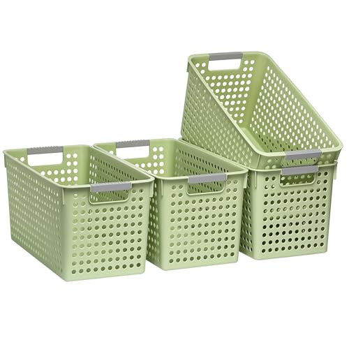 Soddeph Slim Plastic Storage Basket with Handles, Narrow Organizer box for Shelves, Organizer box for Organizing, Kitchen,Home,Office (Green, Large) - color: Green, size: Large