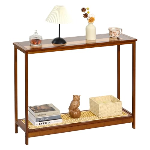 Bamboo Narrow Console Table, 39.4"(L) Wood Small Entryway Table with Rattan and Glass, Accent Slim Hallway Tables, Thin Sofa Side Tables for Hallway, Living Room, Bedroom, Foyer, Walnut - color: Walnut 39.4"(l)