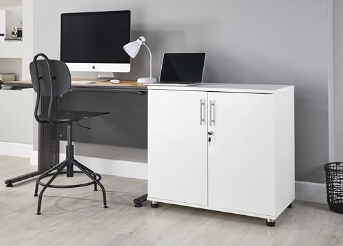 MMT Storage Cupboard, Storage Cabinet, File Cabinet for Office Documents, Garage Tools, Utility, White Wood, Lockable, 31.5" Long