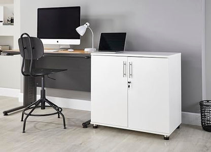 MMT Storage Cupboard, Storage Cabinet, File Cabinet for Office Documents, Garage Tools, Utility, White Wood, Lockable, 31.5" Long