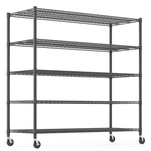 Himimi Storage Shelves with Wheels, 5-Tier Heavy Duty Steel Wire Rack Storage Shelving, Adjustable Metal Storage Shelves for Garage Kitchen Pantry Bathroom Laundry 18" D*60" W*82" H, Black - color: Black, size: 18"D×60"W×82"H, 5-Tier