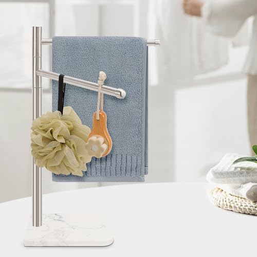 Standing Hand Towel Holder, Hand Towel Stand with Marble Base, 304 Stainless Steel Towel Rack with 2 Swivel Arm, Countertop Stand Towel Ring Towel Bar for Bathroom (Brushed Nickel) - color: Brushed Nickel