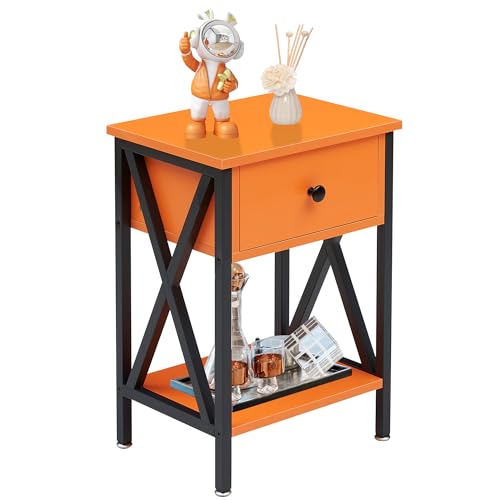 VECELO Nightstand,Modern Bedside End Table, Night Stand with Drawer and Storage Shelf for Living Room Bedroom, Industrial Metal Frame - color: Orange, size: Set of 1