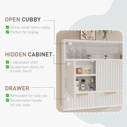 Bathroom Wall Cabinet with Fluted Design, Adjustable Shelves & Soft-Close Hinges, Hanging Storage Cabinet with Open Cubby & Drawers for Toiletries, Towels, Bathroom Organization (White)