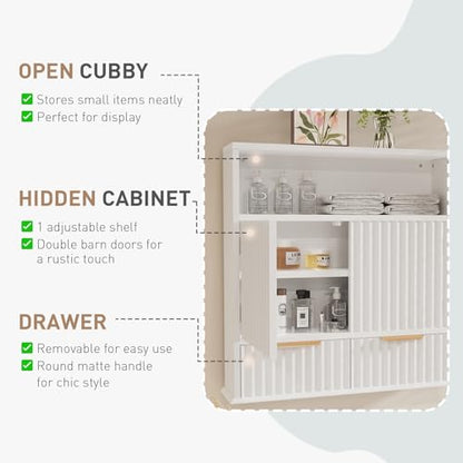 Bathroom Wall Cabinet with Fluted Design, Adjustable Shelves & Soft-Close Hinges, Hanging Storage Cabinet with Open Cubby & Drawers for Toiletries, Towels, Bathroom Organization (White)