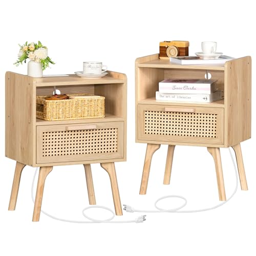 Lerliuo Rattan Nightstands Set of 2 with Charging Station, Boho Side Table with Drawer Open Shelf, Cane Accent Bedside End Table with Solid Wood Legs for Bedroom, Dorm and Small Spaces (Natural) - color: Natural, size: 2 pack