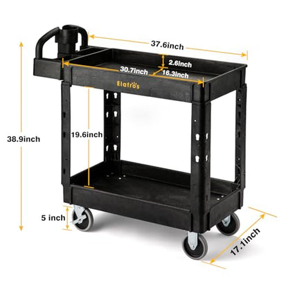 ELAFROS Utility Cart with Ergonomic Handle and Built-in Tool Compartments - 37.5" x 17" Work Cart W/Deep Shelves Safely Holds up to 550 lbs - 2 Tier Rolling Cart,Black