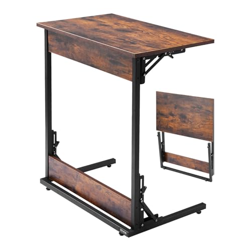 VEVOR C Table, Folding C Shaped End Table with Metal Frame & Adjustable Feet, Foldable C Shaped Side Table for Living Room Bedroom Office, 23.62 x 14.57 x 27.56 inch TV Tray, Brown and Black - style: Folding
