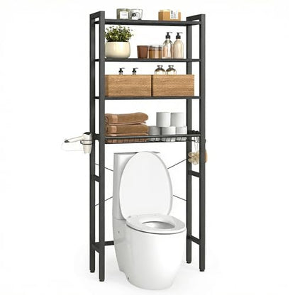 VASAGLE BARNET Collection - Over the Toilet Storage, Over Toilet Bathroom Organizer with Adjustable Shelves and Basket, 3 Hooks, Space Saving, 9.4 x 23.6 x 68.1 Inches, Ebony Black UBTS114BE01S - color: Ebony Black, style: 4 Tiers (68.1" H)