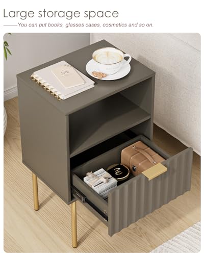 Nightstand,Modern Bedside Table with Gold Frame,Grey Night Stand,Bedside Furniture, Modern Side Table with Drawer and Shelf for Bedroom,Living Room (Grey) - color: Grey