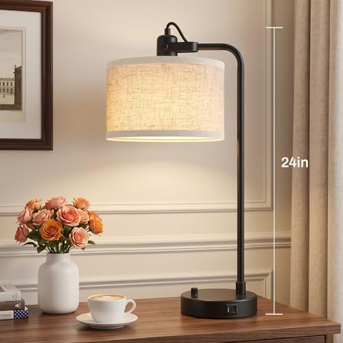 Black Table Lamp Set of 2 with USB A and C Ports, 180° Adjustable Stepless Dimming Bedside Lamps for Night Stands, E26 LED Bulb Included, Industrial Desk Lamps for Home Office, Bare Bulb Compatible - color: Black-A