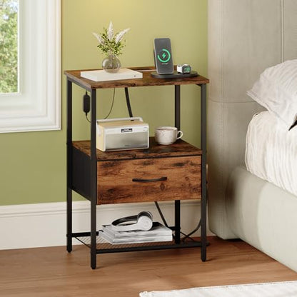 Somdot Nightstand Set of 2 with Charging Station & LED Light, Bedside Table | Dorm, Guest Room, Kids Room, Laundry, Closet, Entryway and Hallway, Brown - color: Brown, size: 11.8"D x 15.7"W x 23.4"H (1 Drawers)