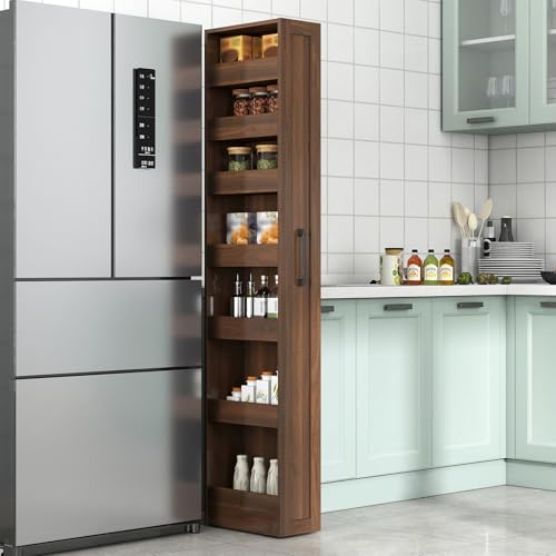 7-Tier Slim Mobile Shelving Cart with Wheels, Rolling Pantry with 7 Baskets, Narrow Pull-Out Utility Cart, Space Saving Storage Organizer Carts for Kitchen Living Room Bathroom Narrow Spaces, Walnut - size: Walnut & 7.87"D x 15.75"W x 70.75"H