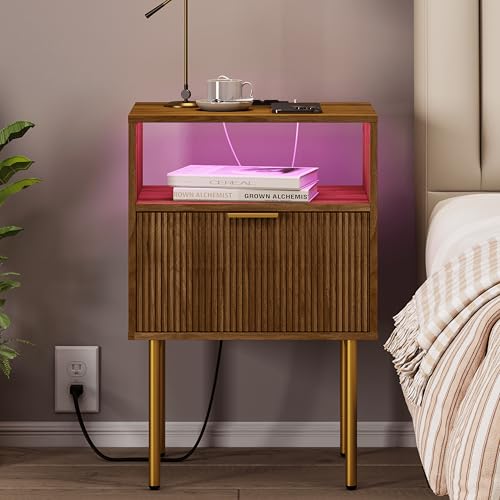 JOONEE Nightstand with Outlet and Led Light, Bedside Table with Storage Drawer, Fluted Side Table for Living Room, Bedroom - color: Walnut Brown