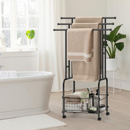 HAITRAL 42" H Standing Towel Rack, 3 Tiers Towel Holder with Basket, Bathroom Freestanding Towel Rack with 360° Anti-Skid Wheels, Multi-Use for Towel, Blanket, Clothes, Indoor/Outdoor (Black)