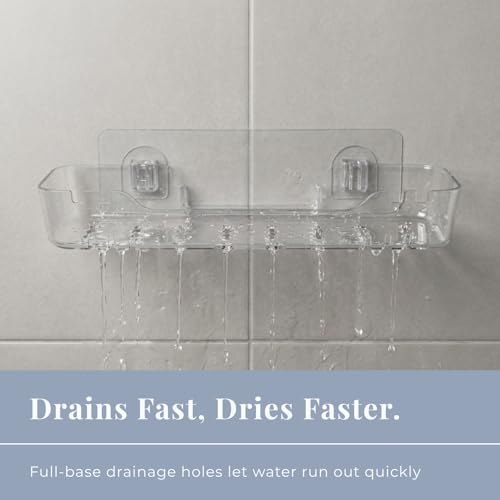 Acrylic Shower Shelf – Adhesive, No-Drill Bathroom Wall Shelf, Clear 12.2" x 3.54" x 1.77" Slim Organizer with Fast Drainage for Shower & Sink Toiletries - size: Medium