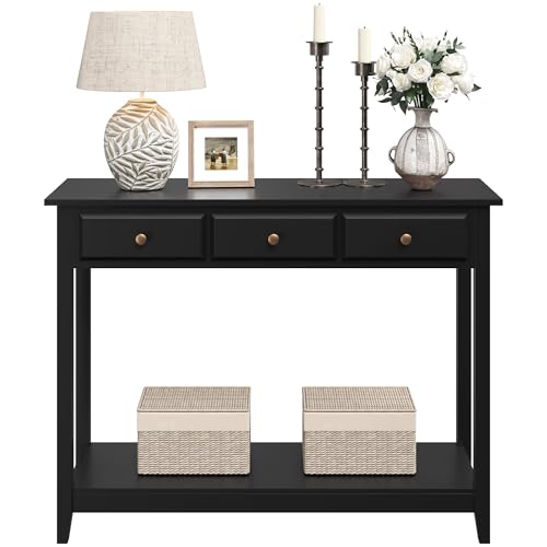 Yaheetech Console Table with 3 Drawers, Wood Entryway Table with Storage Shelf, Sofa Tables Narrow Long for Living Room, Entryway, Hallway, Foyer, Black - color: Black