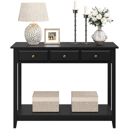 Yaheetech Console Table with 3 Drawers, Wood Entryway Table with Storage Shelf, Sofa Tables Narrow Long for Living Room, Entryway, Hallway, Foyer, Black - color: Black