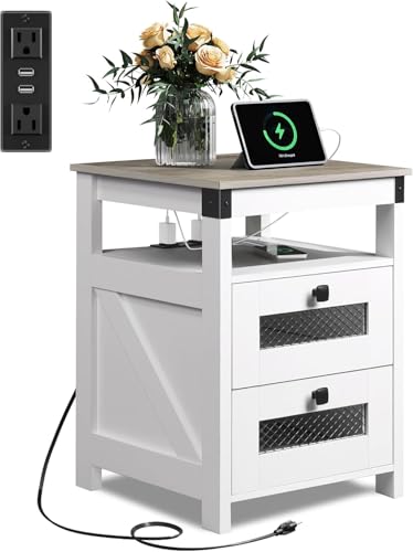 WLIVE Nightstand with Charging Station, Farmhouse End Table, Bed Side Table with 2 Storage Drawers and Open Shelf, Wood Rustic Nightstands for Bedroom, White and Greige - color: Greige and White, style: Farmhouse