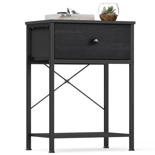 SONGMICS Bedside Table with Drawer, Nightstand with Lower Shelf | Side End Table for Bedroom, Living Room, Ebony Black, BELLAH Collection, ULGS101B201S - color: Bony Black, style: 1 Drawer-1Pc
