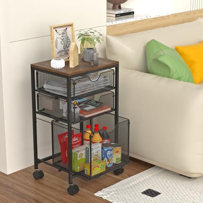 BOHDK Rolling File Cart with 3 Storage Drawers, Wood & Mesh Hanging File Folder Organizer with Wheels Under Desk, File Cabinets for Home Office, 11.81" D x 14.8" W x 25.39" H, Black - color: Rustic Brown & Black