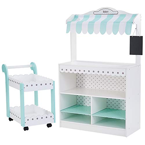 Teamson Kids My Dream Bakery Shop Dessert Stand and Rolling Pastry Cart Interactive Wooden Play Set with 18 Pretend Baked Goods, White and Mint Green with Gray Polka Dot Accents - style: Bakery Shop Dessert Stand