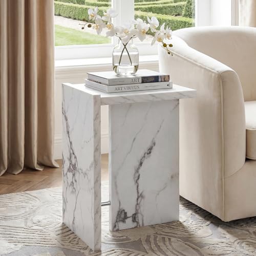 Hyfirm Modern Faux Marble Side Table Small T-Shaped End Table White | Space-Saving Accent Table with Marble Finish Nightstand for Use Beside Sofas in Living Rooms Bedrooms Apartments and Offices - color: White Marble