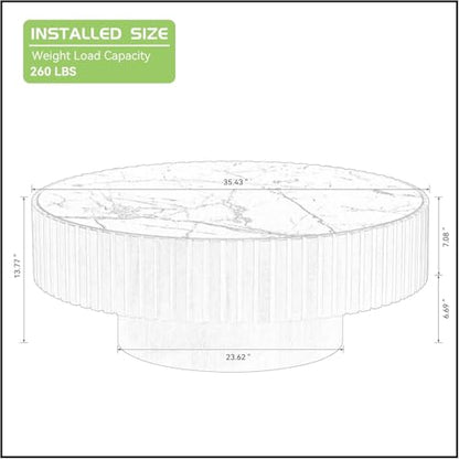 Round Coffee Table Wood Ø35.43'' X 13.77''H Drum Coffee Tables Sintered Stone Tabletop for Living Room Small Space Fluted Circle Cocktail Tea Modern Center Apartment Home Furniture Easy Assembly - color: 35.43 Wood Sintered