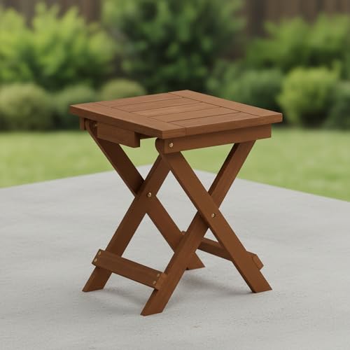 Furinno TIOMAN Folding Outdoor Side Table, Wooden Patio End Table for Garden, Porch, Balcony, Teak Oil, Light Wood - size: 13.7"D x 14.1"W
