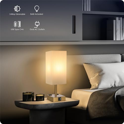 Set of 2 Bedside Table Lamp 3 Way Dimmable Nightstand Lamp with USB C & USB A Charging Port, 2 AC Outlets, 3000K LED Bulbs (Pleate) - color: Pleated