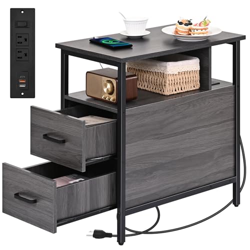 Livofloral Side Table, End Tables with Charging Station, Narrow End Table with Wooden Drawers, USB Ports and Power Outlets, Nightstand and Bedside Table, End Table Living Room, Bedroom, Dark Grey - color: Dark Gray