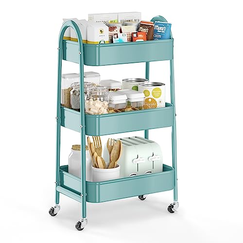 3 Tier Utility Rolling Cart, Metal Storage Cart with Handle and Lockable Wheels, Multifunctional Storage Organizer Trolley with Mesh Baskets for Kitchen, Living Room, Office, Garage (Green) - color: Green, size: Normal