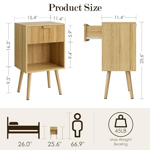 Oak Fluted Nightstand, Modern Bedside Table with Storage Drawer, Wood Night Stand Side End Table for Bedroom, Living Room, Office - color: Oak