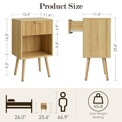 Oak Fluted Nightstand, Modern Bedside Table with Storage Drawer, Wood Night Stand Side End Table for Bedroom, Living Room, Office - color: Oak