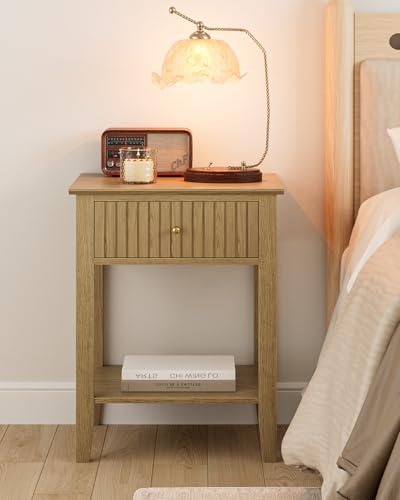Fluted Nightstand, Farmhouse Night Stand with 1 Drawers, Mid Century Modern Side Accent Table,Bedside End Table for Bedroom, Living Room, Yellow Oak - color: Oak, size: 1 Drawer