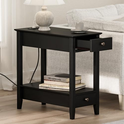 Treocho End Tables Living Room Set of 2 with Charging Station and 2 Drawers | Narrow Side Table with Ample Storage, Sofa Bedside Table for Small Spaces, Living Room, Bedroom, Black - color: Black