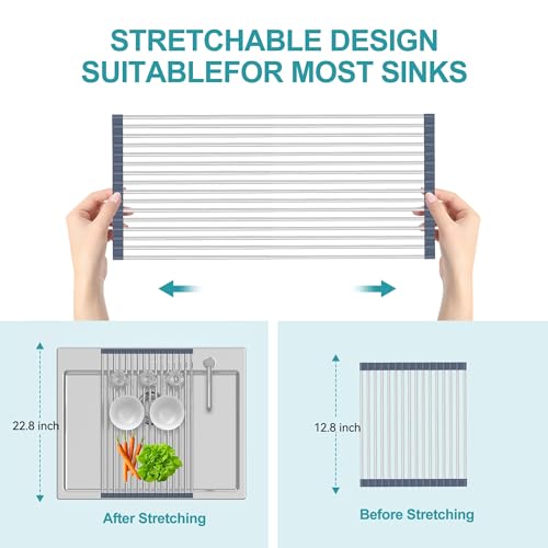 BBXTYLY Extra Large Expandable Roll Up Dish Drying Rack,Over The Sink Drying Rack Sink Cover Kitchen Sink Accessories Kitchen Rolling up Stainless Steel Drainer, Foldable,Rollable（Gray，22.8''-12.4''） - color: Gray, style: 16 tubes,expandable