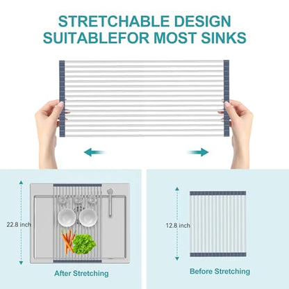 BBXTYLY Extra Large Expandable Roll Up Dish Drying Rack,Over The Sink Drying Rack Sink Cover Kitchen Sink Accessories Kitchen Rolling up Stainless Steel Drainer, Foldable,Rollable（Gray，22.8''-12.4''） - color: Gray, style: 16 tubes,expandable