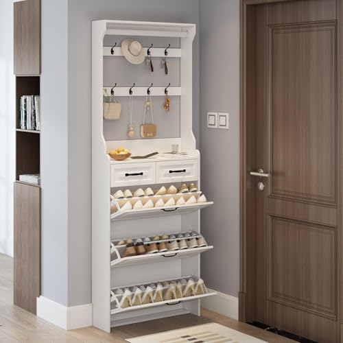 Tall Shoe Cabinet for Entryway, Slim Shoe Storage Cabinet with 8 Hooks, Hidden Shoe Rack Cabinet, Shoe Organizer Cabinet with 3 Flip Drawers & 2 Storage Drawers for Hallway, White - color: White_3