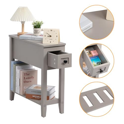 Grey Chairside Narrow End Table, Solid Recliner Side Table with Drawer, Slim Nightstand Bedside Table for Living Room Bedroom - size: 1 set grey