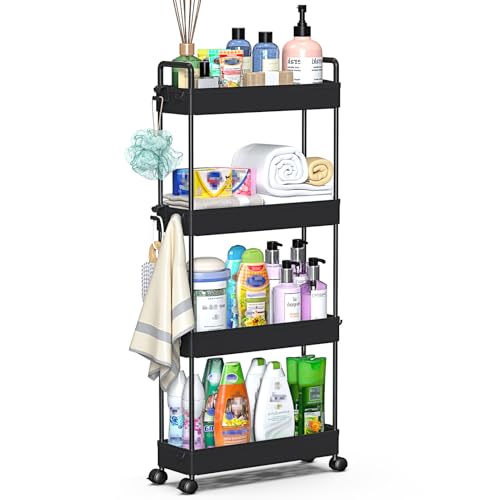 SOLEJAZZ Slim Rolling Storage Cart Skinny Bathroom Organizer, 4 Tier, Black | Thin utility cart with wheels for bathroom, laundry room, bedside, kitchen, dorm, office, next to fridge, small narrow places - color: Black, size: 4-Tier, 4.76"D