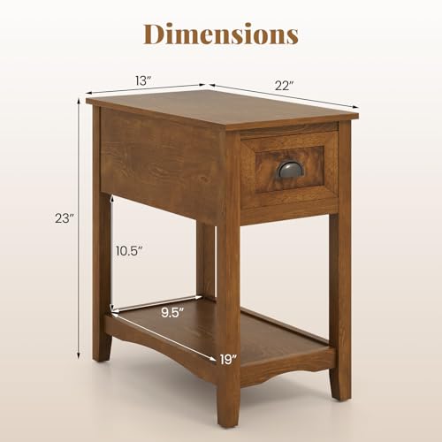Giantex End Table with Drawer, Retro Narrow Side Table, Nightstand with Solid Wood & Storage Shelf, Bedside Table for Living Room Bedroom Small Space Home Office (2, Tawny) - color: Tawny