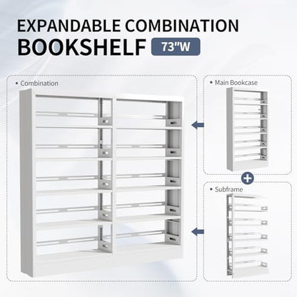 70.9" H Metal Bookshelf, Adjustable Bookcase, 5-Tier Heavy Duty Bookshelf with Bookend, Tall Bookshelves, Bookcase Shelf for Living Room, Office, Library,Classroom (White-72.8W) - color: White, size: 72.8" Wide