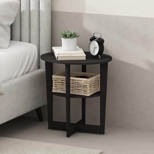 Furinno Tidur 2-Tier Oval Night Stand, Black Nightstand with Round Edge Tabletop, Open Shelf Bedside Table, End Table, Side Table, for Bedroom, Living Room, Black Walnut - color: Black Walnut, size: Oval Open Shelf