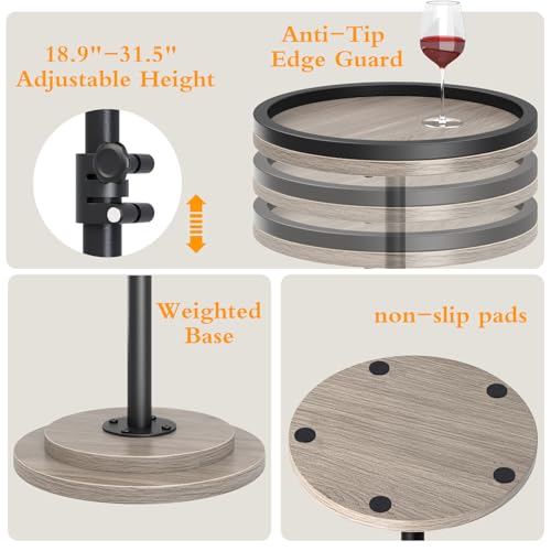 Small Side Table, Drink Table, Height Adjustable Round End Table, Pedestal Side Table for Small Spaces in Living Room, Bedroom, Grey - color: Grey