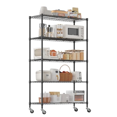 Homdox 5-Tier Wire Shelving Unit with Wheels, Adjustable Metal Storage Shelves, Rolling Storage Rack for Garage, Pantry, Kitchen, Laundry Room, 46 x 18 x 74 Inch, Black - color: Black, size: 18"Dx 46"Wx 74"H, 5 Tier