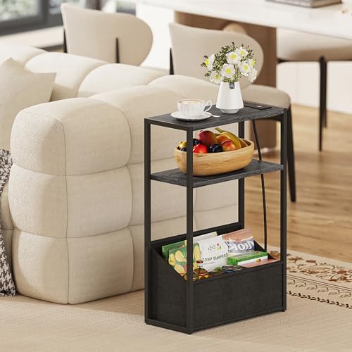 TUTOTAK Keep Phones Charged & Books Organized with Slim 3-Tier Side Table with Charging Station for Living Room Bedroom Charcoal Grey TB01BY095 - color: Charcoal Grey